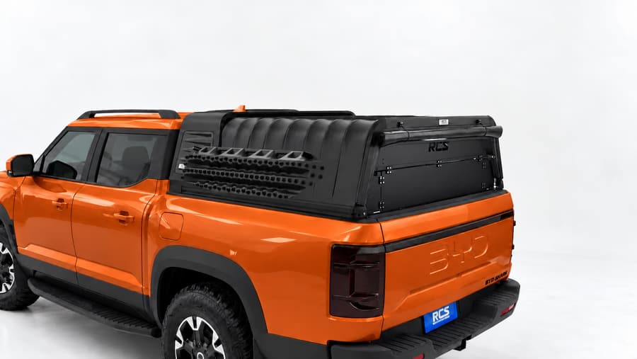 RCS canopy on a BYD Shark 6, with security screen and MaxTrax mounts