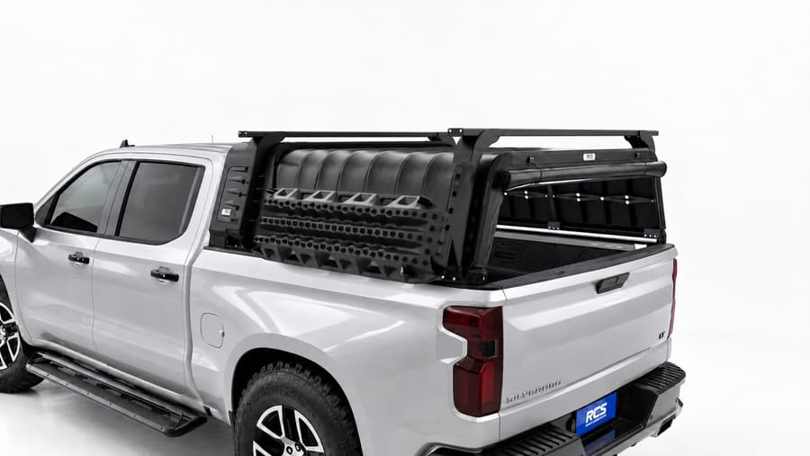 RCS canopy on a Chevrolet Silverado 1500, with roof racks and MaxTrax mounts