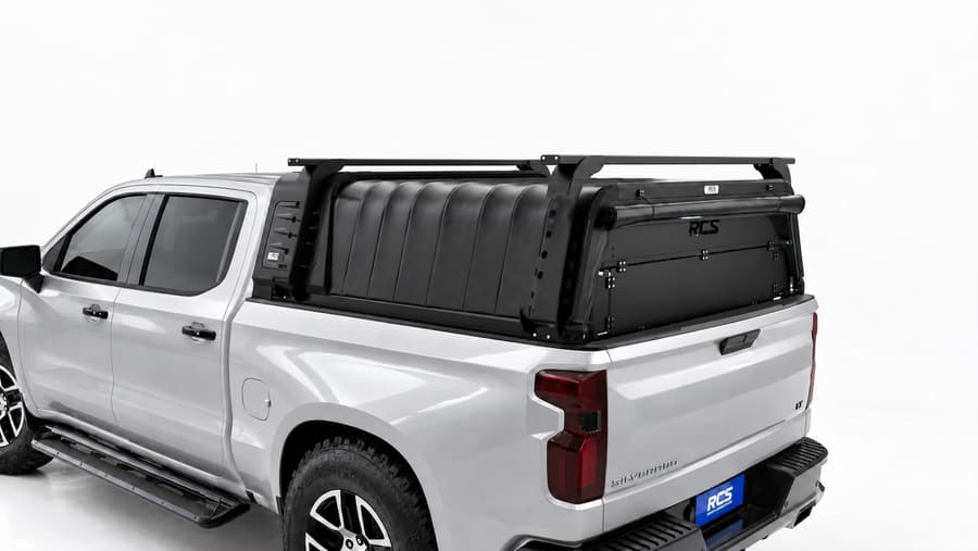 RCS canopy on a Chevrolet Silverado 1500, with roof racks and security screen