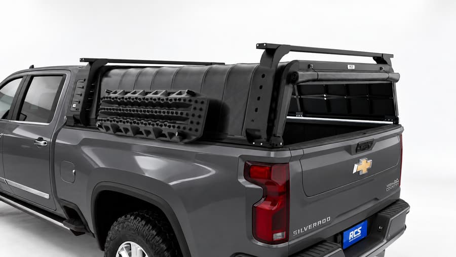 RCS canopy on a Chevrolet Silverado 2500 HD, with roof racks and MaxTrax mounts