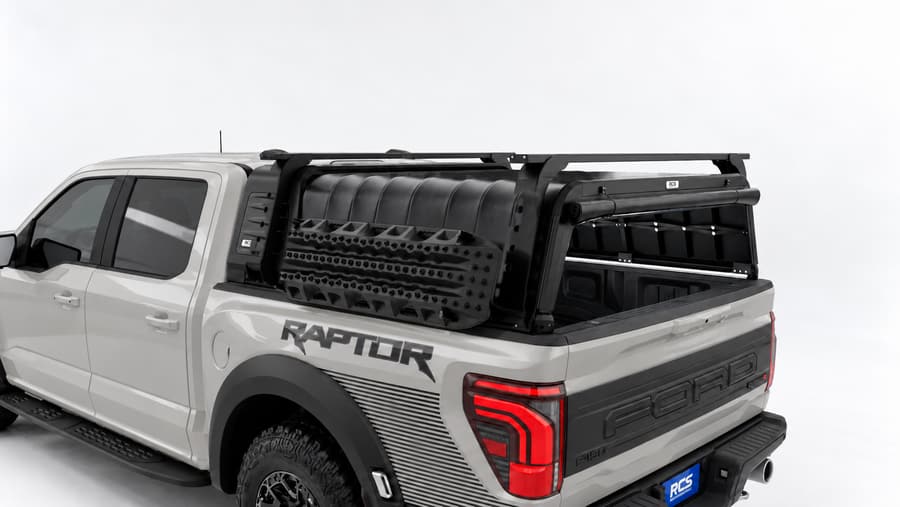 RCS canopy on a Ford F-150, with roof racks and MaxTrax mounts