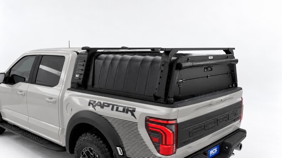 RCS canopy on a Ford F-150, with roof racks and security screen