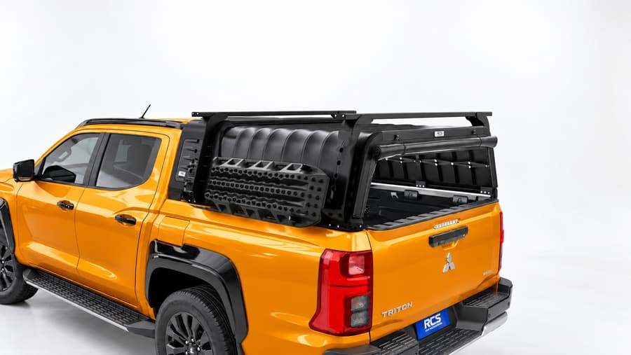 RCS canopy on a Mitsubishi Triton, with roof racks and MaxTrax mounts