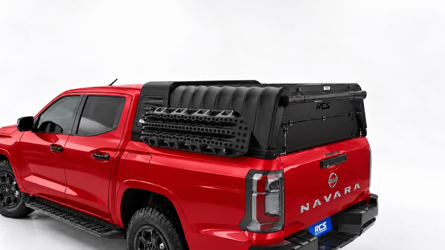 RCS canopy on a Nissan Navara, with security screen and MaxTrax mounts