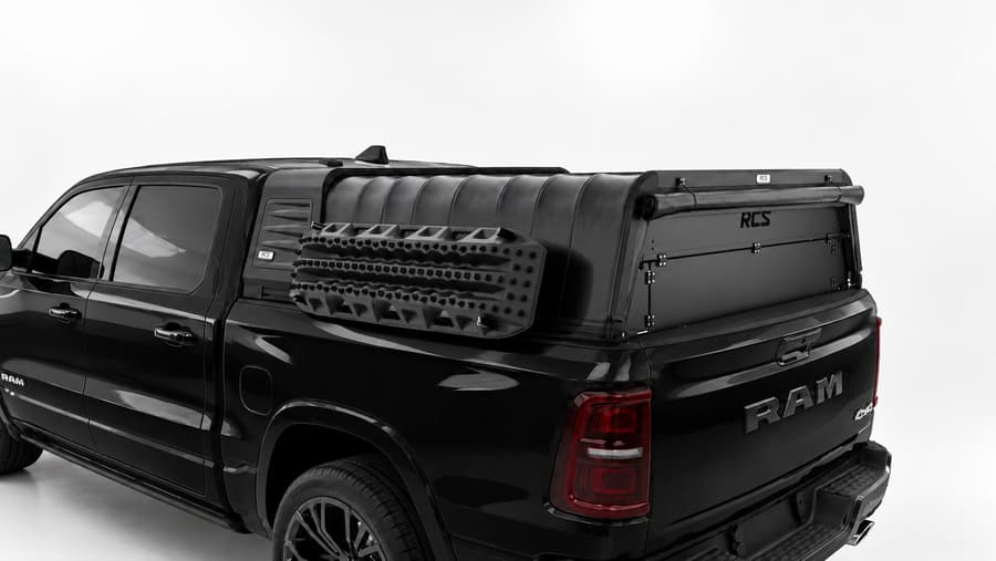RCS canopy on a RAM 1500, with security screen and MaxTrax mounts