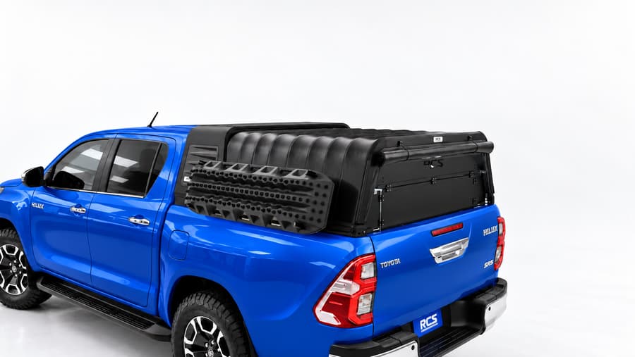 RCS canopy on a Toyota HiLux, with security screen and MaxTrax mounts