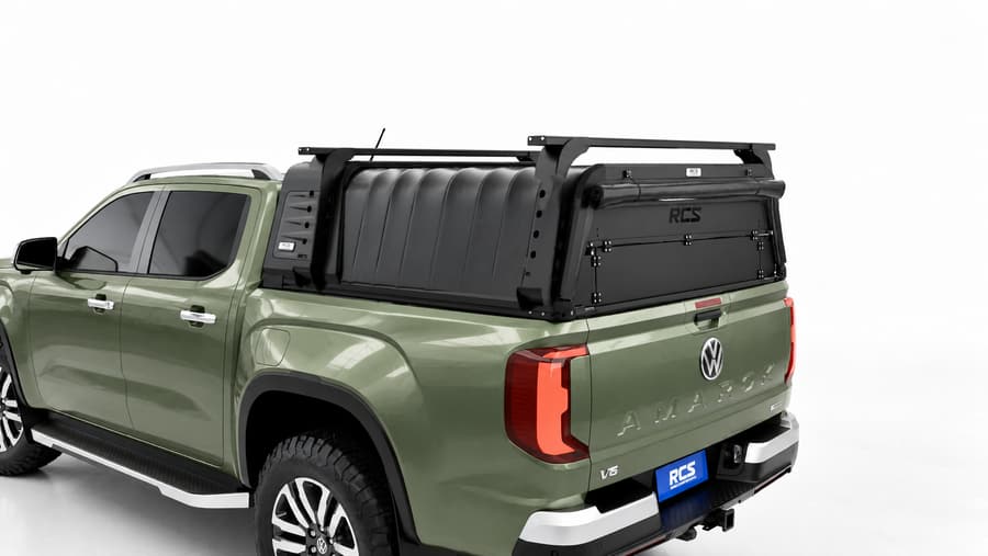 RCS canopy on a Volkswagen Amarok, with roof racks and security screen
